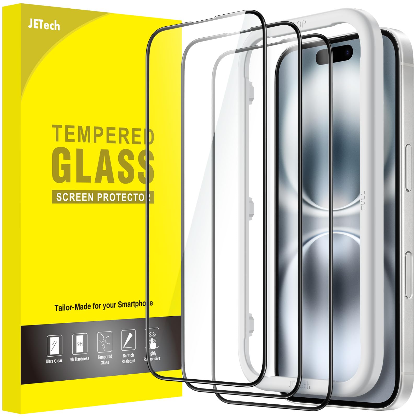 JETech Full Coverage Screen Protector for iPhone 16 | HD Clear, Tempered Glass Film, 6.1-Inch, Black Edge, Easy Installa